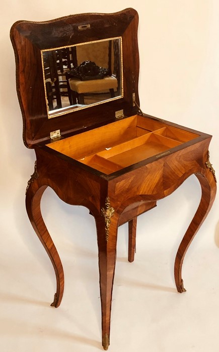 A Louis XV style kingwood and gilt bijouterie table, serpentine hinged top with a porcelain plaque - Image 2 of 3