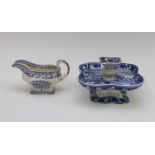 An early nineteenth century blue and white transfer printed pickle dish stand and a sauce boat,