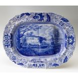 An early nineteenth century blue and white transfer printed Durham Ox well and tree platter, circa