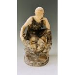 A 19th Century Italian school alabaster figurine sculpture, of a maid sitting on a boulder holding a