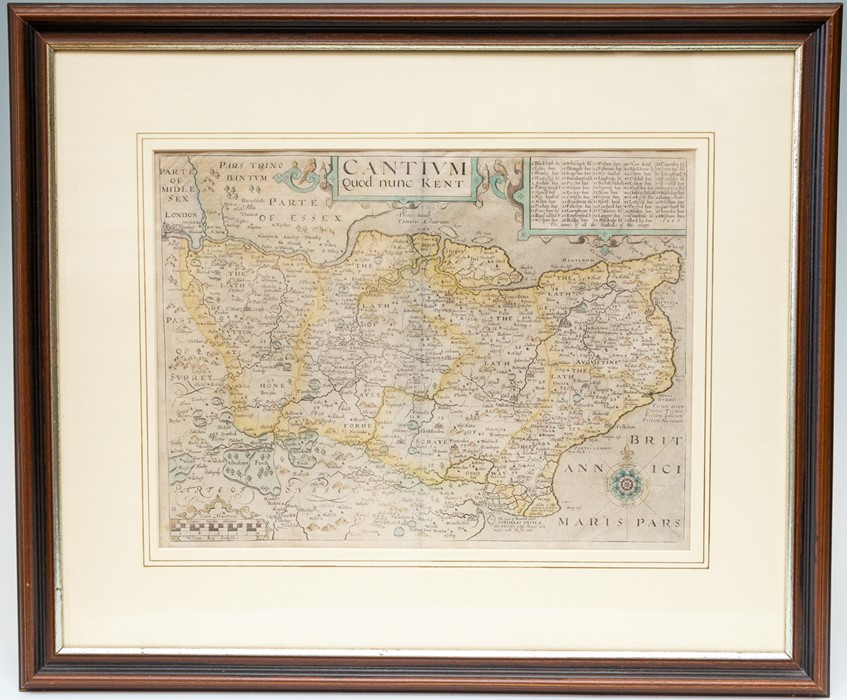 Saxton & Kip. 17th-century map of Kent, hand-coloured engraving on laid/chain-lined paper,