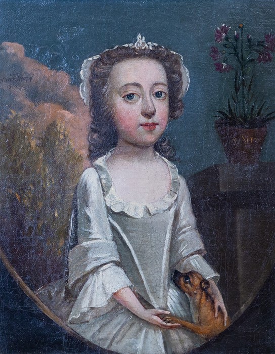 Follower of William Hogarth, portrait of Catherine Cheshire aged 13, half length, in white dress, - Image 2 of 3