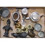A collection of assorted metalwares, including spelter lion, silver plated tea pot and hot water