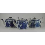 Three early nineteenth century blue and white transfer printed teapots and covers, c.1810-20. Two