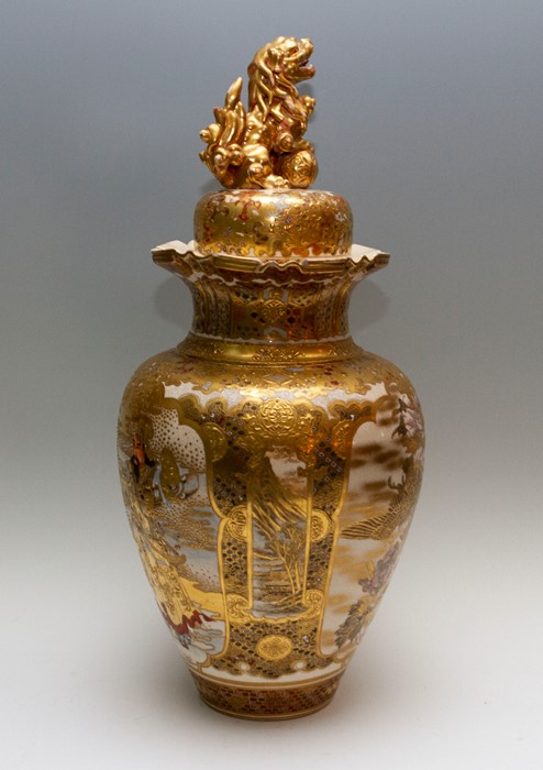 A large Japanese satsuma ware baluster vase and cover, Meiji period, 1868-1912, beast with a ball - Image 3 of 5