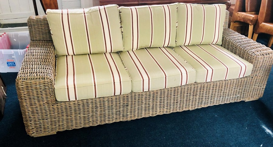 A conservatory wicker frame lounge set, three seat sofa and two armchairs (3)