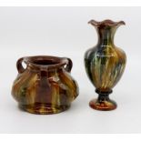 A Bretby art pottery drip glaze triple-handled low vase, No. 1594. 9 cm tall and a similar
