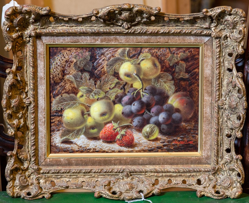 Oliver Clare (British, 1853-1927), still life of apples, grapes and strawberries on a mossy bank, - Image 2 of 2