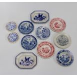 A collection of early nineteenth century blue and white and red and white transfer printed toy
