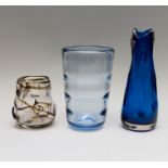 Whitefriars glass, a knobbly ware blue tapered vase and a smoky low vase, designed by William Wilson
