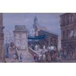 Follower of Samuel Prout, on the Rialto, Venice, watercolour, 21.5 by 32.5cm, gilt frame