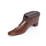 A mid 19th Century treen shoe snuff box, inlaid ivory lozenge and brass tack, sliding cover, width