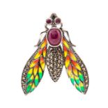 A silver plique a-jour enamel brooch/pendant in the form of a fly, cabochon set body and faceted