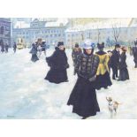 After Paul Fischer, a winter street scene in Copenhagen, oil on canvas, 37 by 49cm, framed