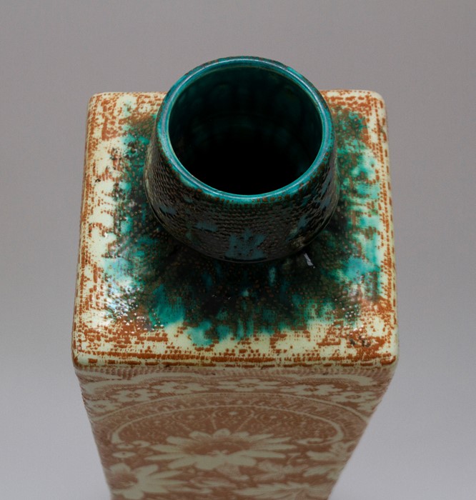 A Bretby art pottery one-off square-section tapered vase with patent lace-work decoration, No. 600. - Image 2 of 5