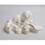 A Derby White and Gilt Poodle sitting scratching his ear, on Gilt and white scroll bases. Date: