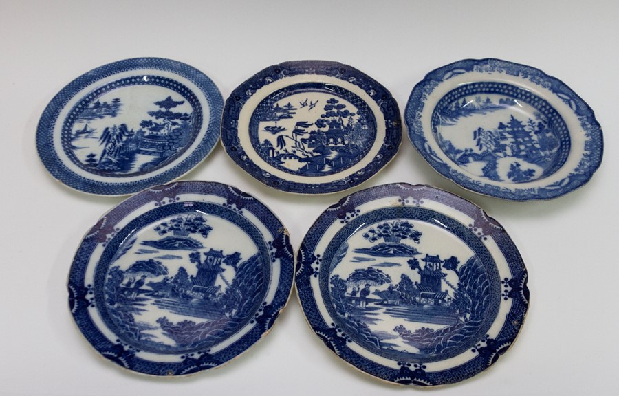 A collection of eleven early nineteenth century blue and white transfer printed chinoiserie