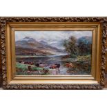 A..Lewis (British, 19th Century/20th Century), Loch Eck, with Highland cattle, signed l.r., oil on