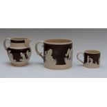 A group early nineteenth century Chetham and Woolley and Mist feldspathic stoneware mugs and a
