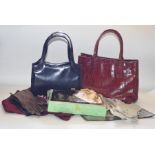 A Dents Navy Bag, 2 handles 1990s with suede lining. A burgundy coloured crocodile handbag with