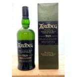 A bottle of 10 year old Ardbeg Single Island Malt Scotch Whisky.  Region: Speyside Distillery: