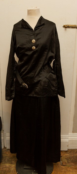 A Black Satin Late Edwardian Long Bodice and Belt with Diamond Buckle and skirt, the matching long - Image 2 of 2