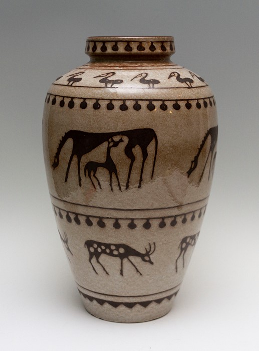 A large West German studio pottery baluster vase, decorated with a frieze of primitive or tribal - Image 2 of 4