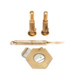 Smoking Requisites, a 9ct gold hexagonal fob cigar cutter, together with three 9ct gold cigar picks,
