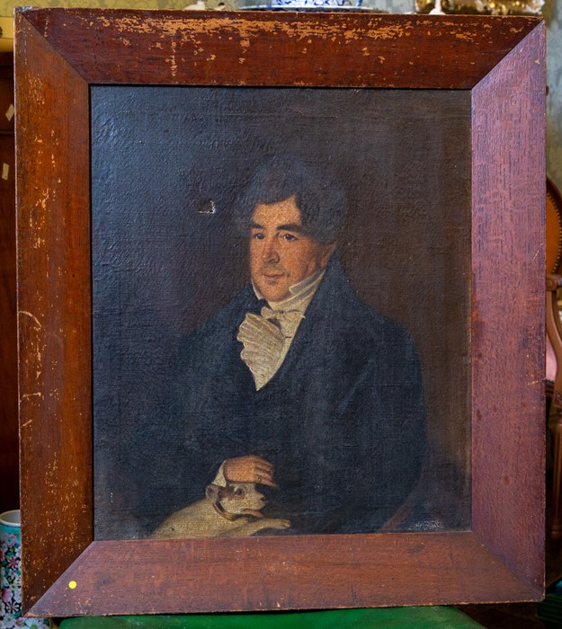 American School, mid 19th Century, portrait of a man, half length in a dark coat with his pet - Image 2 of 3