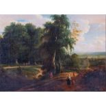 Manner of Lucas Achtschellinck, a wooded landscape with sportsmen and other figures in the