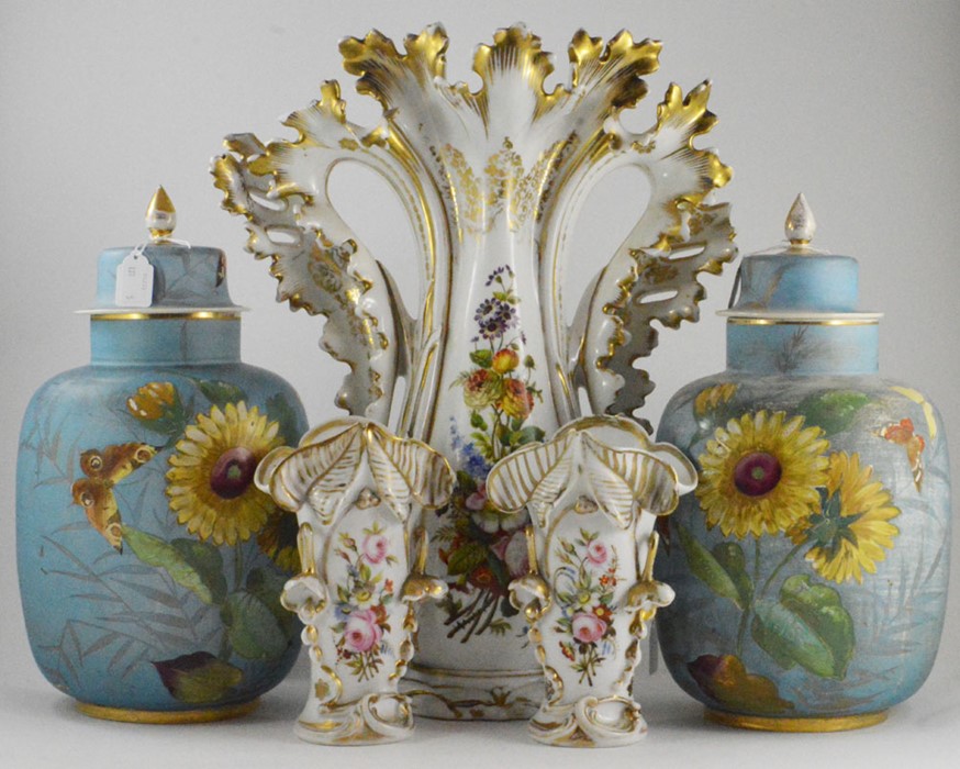 A large 19th Century baluster shaped floral vase, 46cm high (AF), together with a pair of smaller