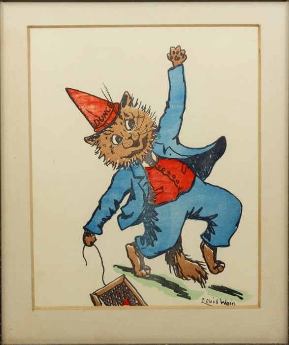 Colour lithograph after Louis Wain, cat wearing dunce cap, framed and glazed. Together with Magic