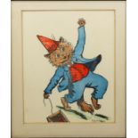 Colour lithograph after Louis Wain, cat wearing dunce cap, framed and glazed. Together with Magic