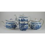 A group of four early nineteenth century blue and white transfer printed teapots and covers, circa
