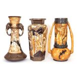 Three Bretby art pottery carved bamboo ware vases (Nos. 1346, 2270 and 2432). Largest:  39 cm