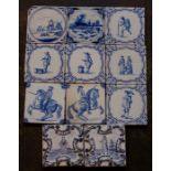 A group of mainly nineteenth century tin-glazed delftware blue and white hand painted tiles. They