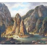 Continental School, 19th Century, a rocky river landscape with figures by a waterfall,