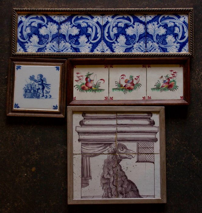 A collection of framed tin-glazed tiles, to include a floral frieze, a cherub, three chinoiserie