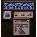 A collection of framed tin-glazed tiles, to include a floral frieze, a cherub, three chinoiserie