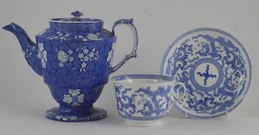 An early nineteenth century blue and white transfer printed Spode Marble or Cracked Ice and Prunus