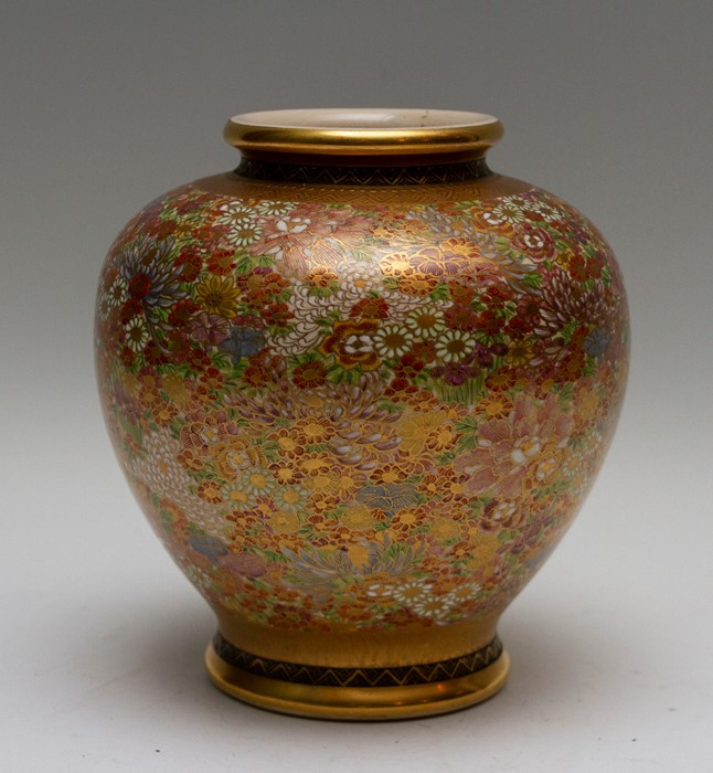 A Japanese satsuma ware ovoid vase, early 20th Century, extensive peony decoration in coloured - Image 2 of 3