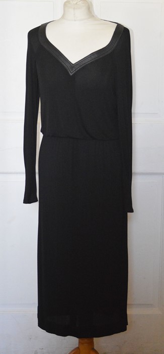 A Jean Muir Midi silk jersey little black dress (1990s) size 14 with a leather V shaped neckline and