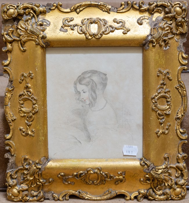 British School, circa 1830, portrait of a young lady, half length, pencil, 19 by 16.5cm, gilt frame