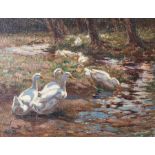 Edgar Downs (British, 1876-1963), ducks by a pond, signed l.l., oil on canvas, 32 by 43cm, gilt