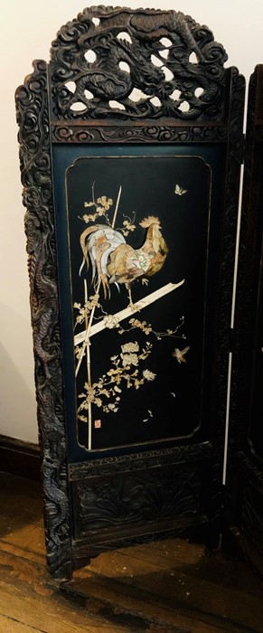 A 19th Century Meiji period hardwood Japanese shibayama four panelled fold dressing screen, circa - Image 2 of 5