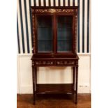 A late Victorian mahogany inlaid display cabinet on stand, circa 1900, dental pediment above a two