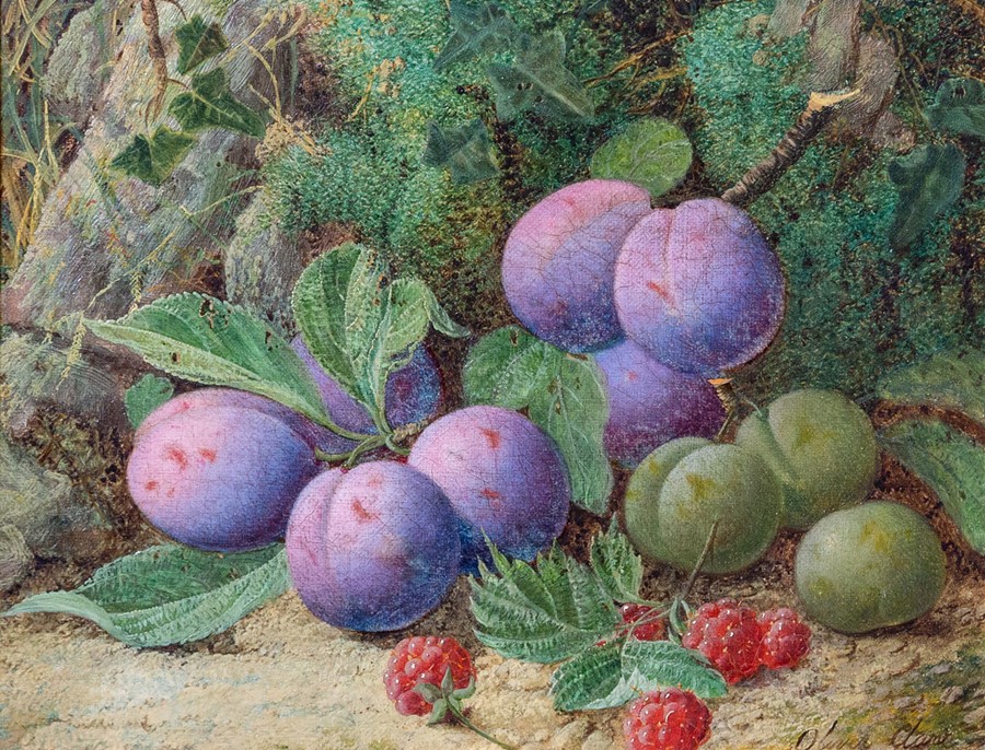 Oliver Clare (British, 1853-1927), a still life of plums, greengages and raspberries on a mossy