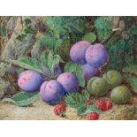 Oliver Clare (British, 1853-1927), a still life of plums, greengages and raspberries on a mossy