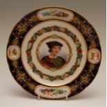 A mid-nineteenth century Sevres-style shaped circular porcelain plate, decorated with a portrait