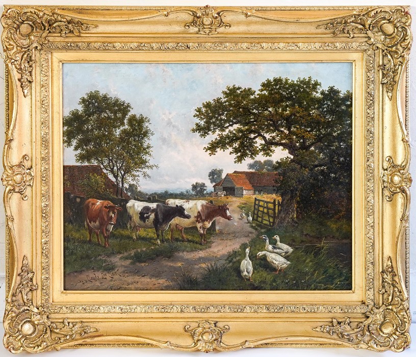 Claude L. Clark (British, 19th Century), pastoral scene with cows and geese, signed l.l., oil on - Image 2 of 3